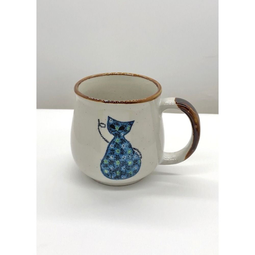 Vintage Style Speckled Stoneware Blue Floral Calico Cat Coffee Mug Cream Brown